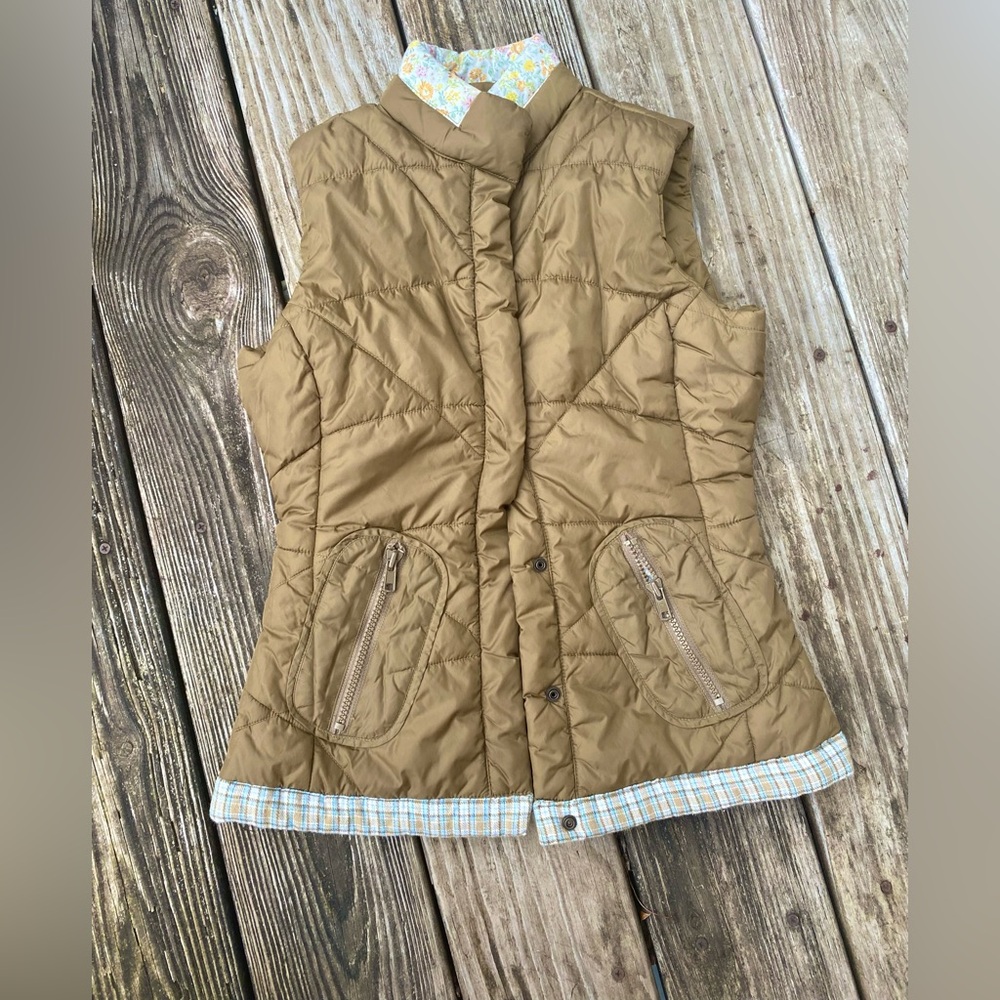 Y2K Wet Seal Brown/Olive Green Mixed Print Trim Puffer Sleeveless Vest XS - Picture 4 of 14